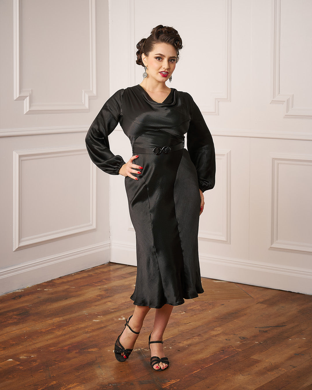 30s Joanie Bias Cut Dress - Ebony Satin