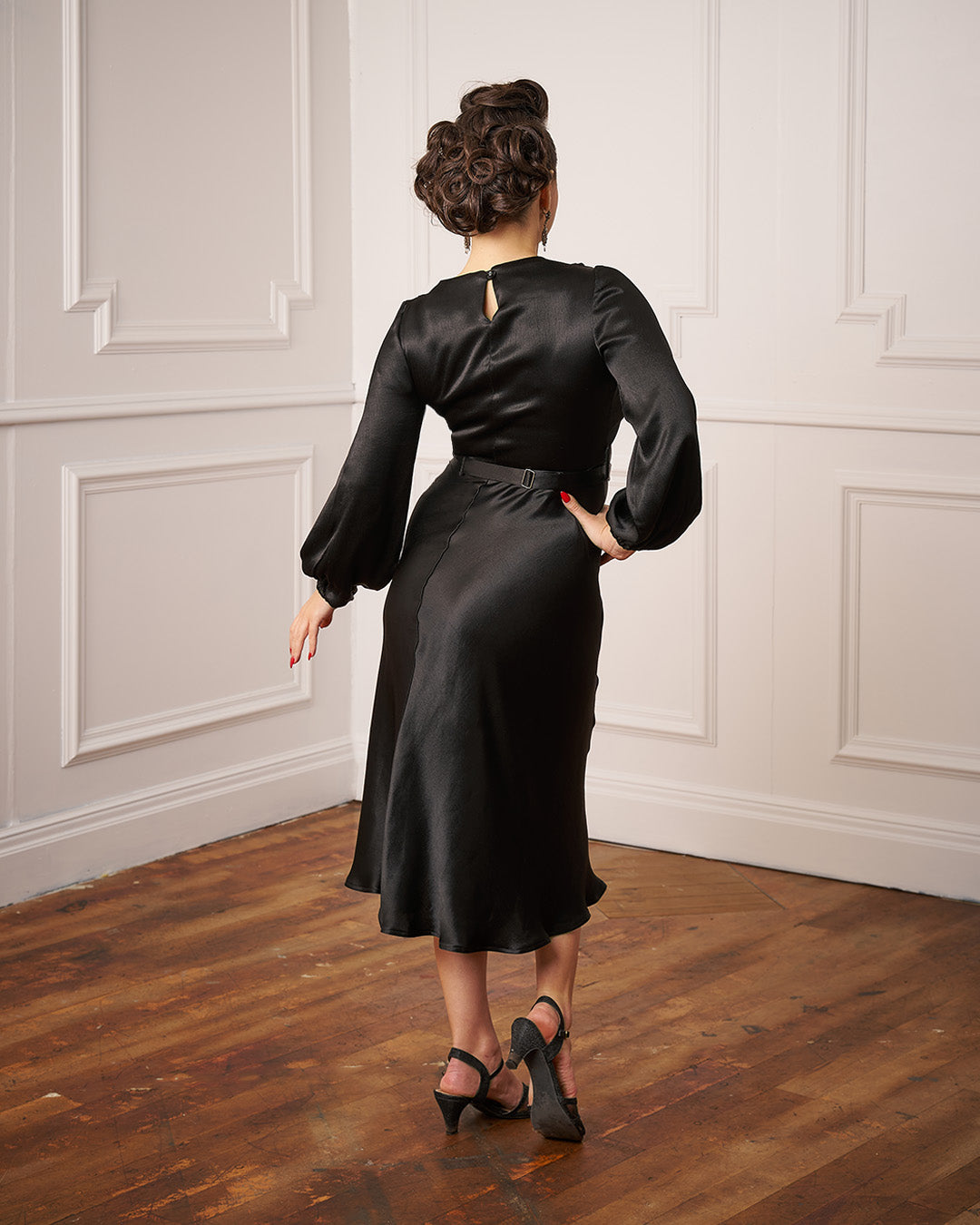 30s Joanie Bias Cut Dress - Ebony Satin