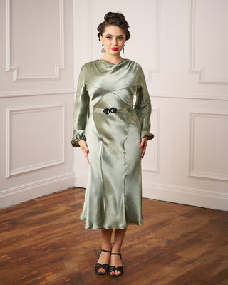 30s Joanie Bias Cut Dress - Sage Green Satin