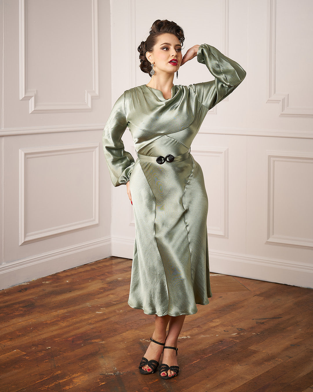 30s Joanie Bias Cut Dress - Sage Green Satin