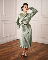 1930s Joanie Bias Cut Dress - Sage Green Satin