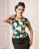 1940s Luxe Keyhole Blouse - Celestial Bloom