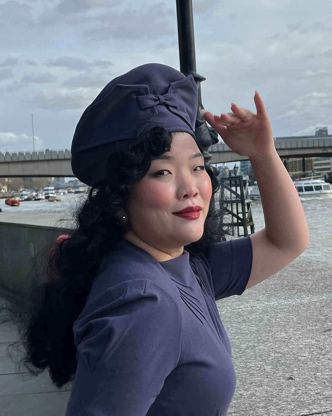 1940s Bow Halo Beret - Steel